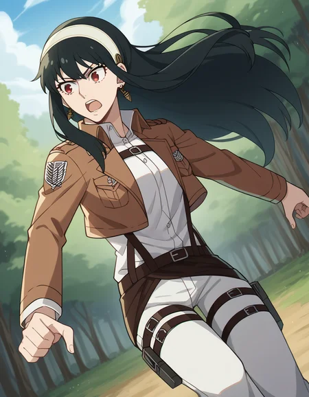 score_9, score_8_up, score_7_up, source_anime, yorbriar, <lora:yor-briar-s1-ponyxl-lora-nochekaiser:1>, yor briar, black hair, red eyes, earrings, white hairband, hairband, long hair, sidelocks, medium breasts,, <lora:paradis-military-uniform-ponyxl-lora-nochekaiser:1>, paradis military uniform, belt, cloack, cropped jacket, emblem, green cloak, jacket, long sleeves, pants, shirt, thigh strap, uniform, white pants, white shirt, brown jacket,, outdoors, forest, nature, fighting stance, open mouth, floating, flying,, cowboy shot, dutch angle, solo,