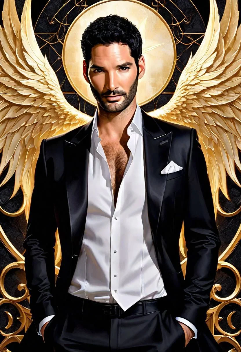 hyper detailed handsome Lucifer Morningstar (Tom Ellis), coherent rugged face, wavy luxurious hair, on black velvet canvas, centered composition, rule of thirds, drop shadowed, art by Todd McFarlane, charlie bowater, tom wood, keith garvey