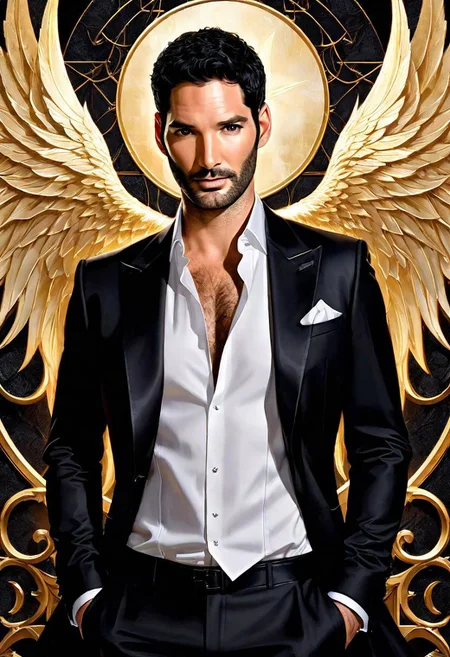 hyper detailed handsome Lucifer Morningstar (Tom Ellis), coherent rugged face, wavy luxurious hair, on black velvet canvas, centered composition, rule of thirds, drop shadowed, art by Todd McFarlane, charlie bowater, tom wood, keith garvey