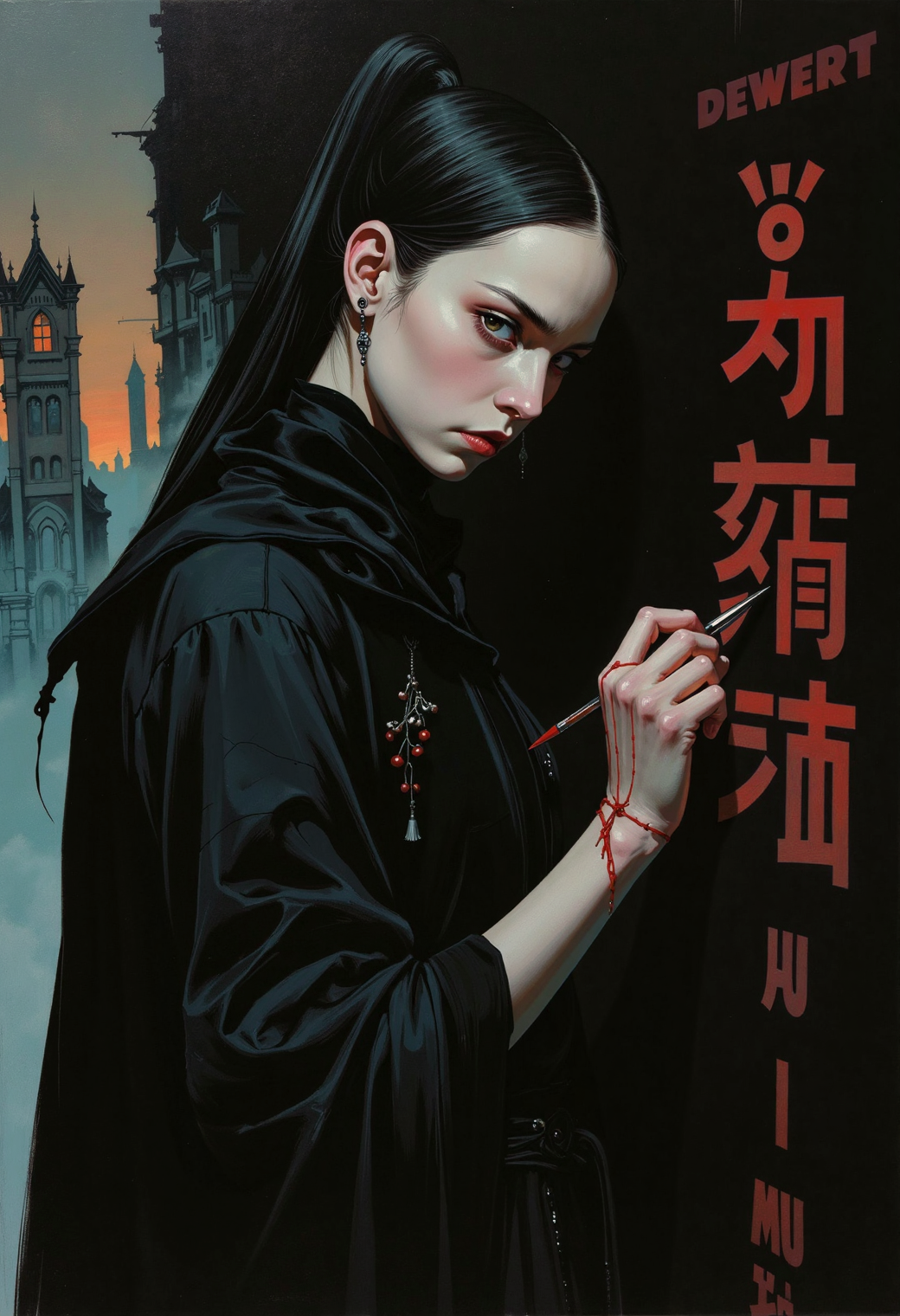 A hauntingly beautiful oil painting in a semi-realistic dark fantasy horror style, blending anime influences with cinematic drama. The scene is an extreme close-up of a towering, impossibly tall and thin female figure, her face a masterpiece of eerie elegance. Her skin is deathly pale, almost translucent, with sharp, angular features and sunken eyes that glow faintly in the dark. The background is a solid, foreboding black, but faint traces of a ruined city can be seen in the distance, with one flickering light in a crumbling tower casting long, ominous shadows. The character is dressed in tattered, flowing dark robes that seem to shimmer with an otherworldly texture, and her long, spindly fingers are stained with ink as she writes the same mysterious word over and over on the walls. The atmosphere is thick with dread and an unspoken horror, as if the very air is heavy with the weight of ancient secrets. Hyperdetailed, with bold brushstrokes and vivid, contrasting colors that leap off the canvas., fantasy painting, GTHAN, Gothic,.,oil painting, semi-realistic, dark fantasy horror, anime style, extreme close-up, female character portrait, cinematic, solid color background, ruined city, flickering light, ancient figure, dark dystopian, impossibly tall, thin, creepy, scary, hyperdetailed, flowing dark robes, long spindly fingers, ink-stained, writing on walls, mysterious word, bold brushstrokes, vivid contrasting colors, eerie elegance, deathly pale skin, sharp angular features, glowing eyes, tattered robes, shimmering texture, ominous shadows, ancient secrets, dread, otherworldly, hauntingly beautiful, fantasy painting, GTHAN, Gothic,.,<lora:Eldritch_Fantasy1.2.2:0.298> fantasy painting,<lora:Comic book opus IV:0.113><lora:GTHAN-F:0.76> GTHAN, Gothic,<lora:Tsutomu_Nihei_Style_flux:0.329>