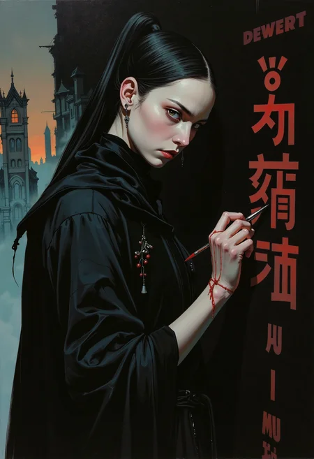 A hauntingly beautiful oil painting in a semi-realistic dark fantasy horror style, blending anime influences with cinematic drama. The scene is an extreme close-up of a towering, impossibly tall and thin female figure, her face a masterpiece of eerie elegance. Her skin is deathly pale, almost translucent, with sharp, angular features and sunken eyes that glow faintly in the dark. The background is a solid, foreboding black, but faint traces of a ruined city can be seen in the distance, with one flickering light in a crumbling tower casting long, ominous shadows. The character is dressed in tattered, flowing dark robes that seem to shimmer with an otherworldly texture, and her long, spindly fingers are stained with ink as she writes the same mysterious word over and over on the walls. The atmosphere is thick with dread and an unspoken horror, as if the very air is heavy with the weight of ancient secrets. Hyperdetailed, with bold brushstrokes and vivid, contrasting colors that leap off the canvas., fantasy painting, GTHAN, Gothic,.,oil painting, semi-realistic, dark fantasy horror, anime style, extreme close-up, female character portrait, cinematic, solid color background, ruined city, flickering light, ancient figure, dark dystopian, impossibly tall, thin, creepy, scary, hyperdetailed, flowing dark robes, long spindly fingers, ink-stained, writing on walls, mysterious word, bold brushstrokes, vivid contrasting colors, eerie elegance, deathly pale skin, sharp angular features, glowing eyes, tattered robes, shimmering texture, ominous shadows, ancient secrets, dread, otherworldly, hauntingly beautiful, fantasy painting, GTHAN, Gothic,.,<lora:Eldritch_Fantasy1.2.2:0.298> fantasy painting,<lora:Comic book opus IV:0.113><lora:GTHAN-F:0.76> GTHAN, Gothic,<lora:Tsutomu_Nihei_Style_flux:0.329>