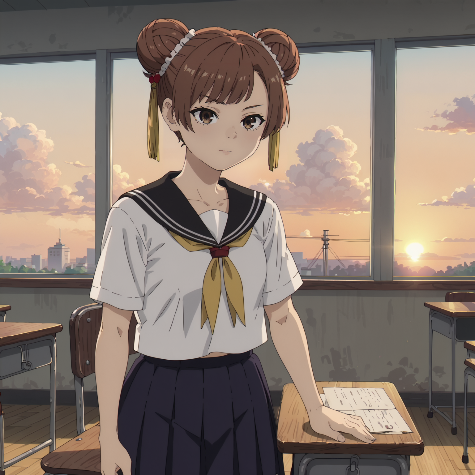 <lora:LaufenXL004>,<lora:DetailedEyes_V3:1.6>,
solo,
anime screencap,
score_9,score_8_up,
Laufen,1girl,brown hair,short hair,double bun,brown eyes,yellow hairornament,
cowboy shot,
serafuku,black sailor color,white shirt,pleated_skirt,classroom,sunset,window_,desk,chair,