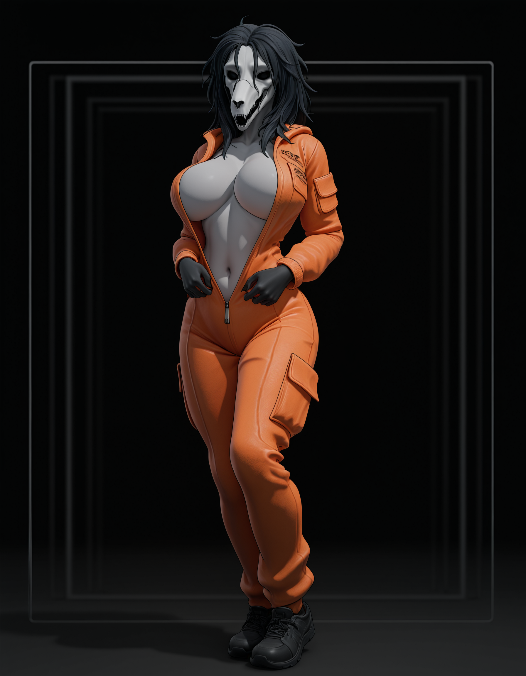 furry, solo,  <lora:anaroth_ILL:1.25> anaroth_style, 3d, black outline, cel shading, large breasts, 
scp-1471-a, orange jumpsuit, partially unzipped, navel, scp foundation, clothed, full body,, masterpiece,best quality,amazing quality