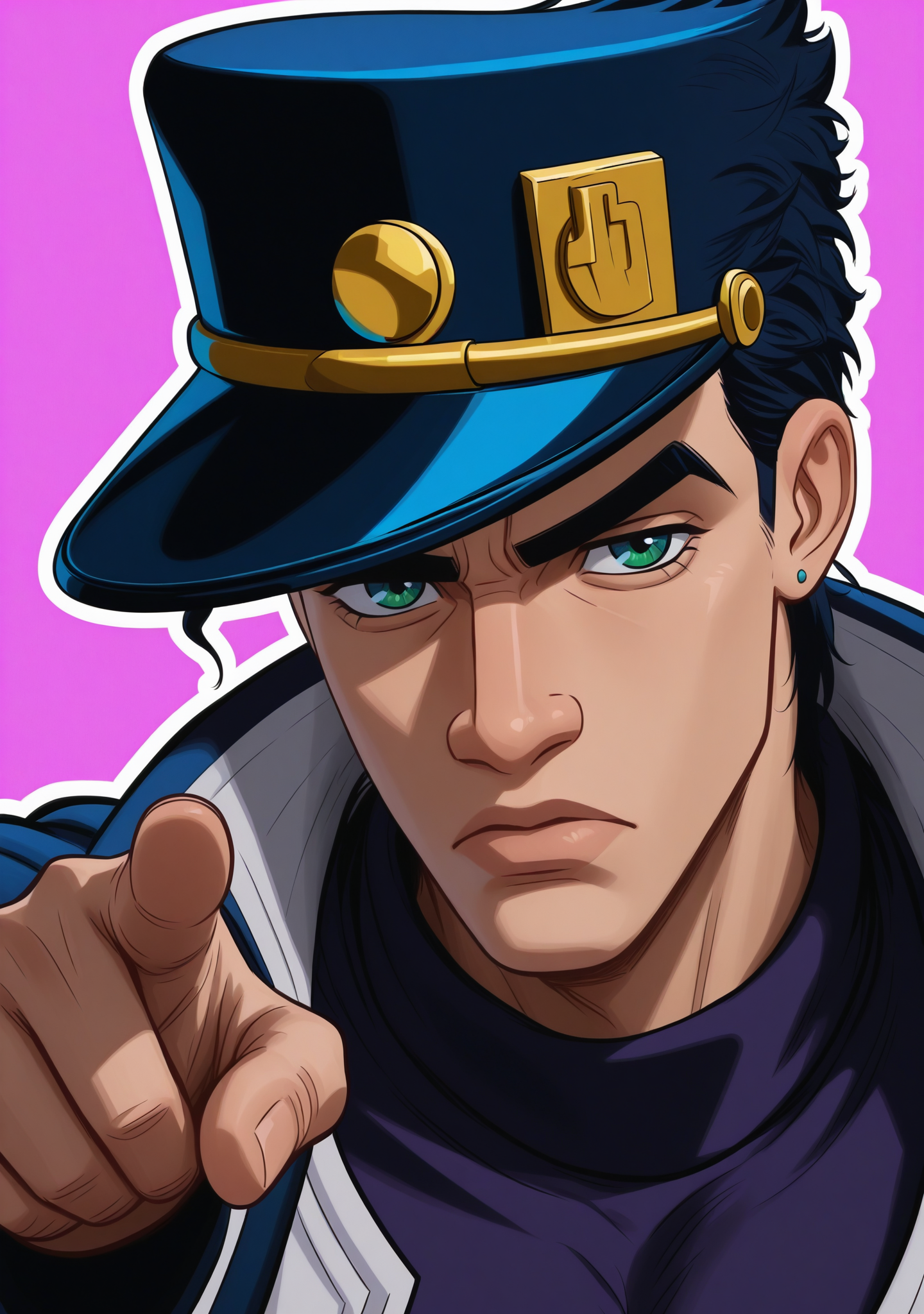 1boy,<lora:spdmatsvsty:1>,spdmatsvsty,upper body,looking at viewer,kujo jotaro,hat,pointing at viewer,serious,