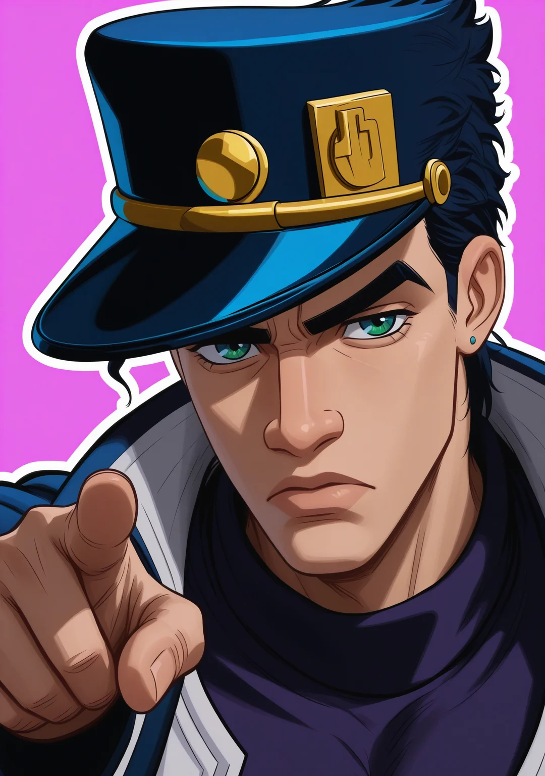 1boy,<lora:spdmatsvsty:1>,spdmatsvsty,upper body,looking at viewer,kujo jotaro,hat,pointing at viewer,serious,
