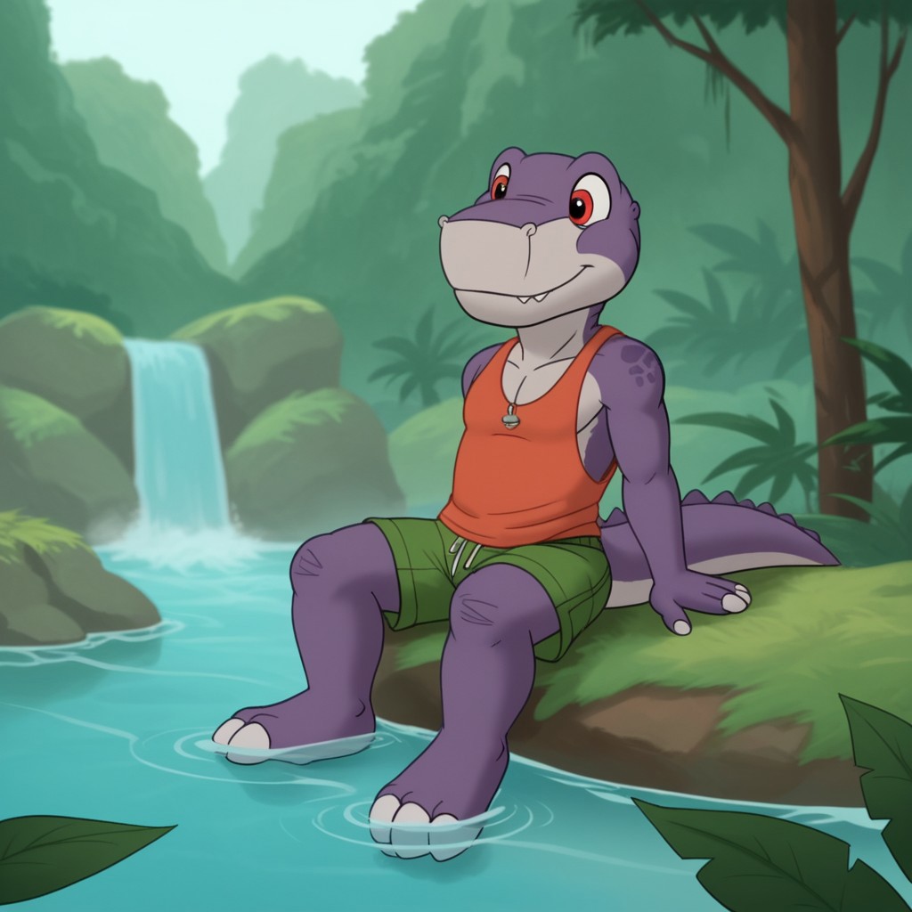 score_9, score_8_up, score_7_up, score_6_up, score_5_up, score_4_up, source_furry, Chomperlbttv, anthro, male, Tyrannosaurus rex, dinosaur, scalie, purple skin, red eyes,  swimming trunks, in a stream, lush valley, young anthro, tank top, sitting, on the edge, feet in water