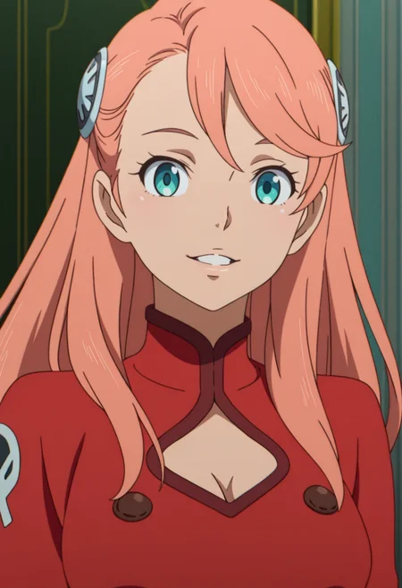 masterpiece,best quality,amazing quality, anime coloring,
greco_aida, 1girl, long hair, pink hair, hair ornament, teal eyes, lower lip, medium breasts, red shirt, high collar, buttons, emblem on shoulder,
closeup, happy, looking at viewer, parted lips, cleavage cutout,