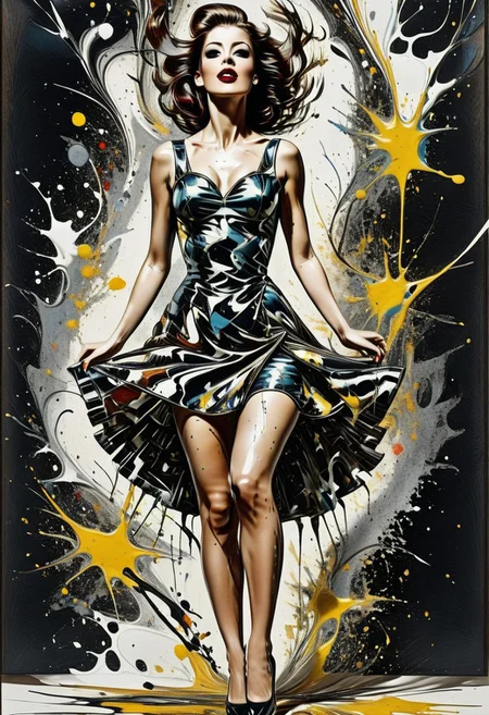 Masterpiece, best quality, 1girl, ArsMJStyle, Monochrome Graphic Etching, female pop singer, retro outfit, ellenGNRC, qu4ntum, made out of,Jackson Pollock style,paint splash