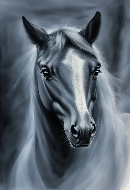 novuschroma style, a galloping horse with fluttering mane in wispy vapor, novuschroma71 style charcoal drawing