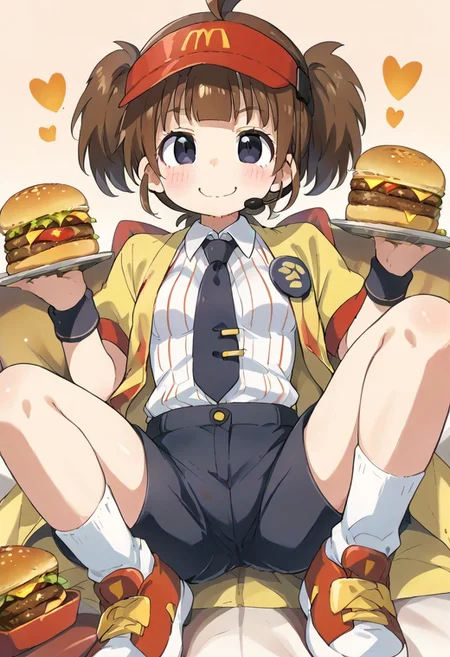 (zPDXL3),
(zPDXLxxx),
hiroki,
1girl,
Double Cheese,
ahoge,headset,visor cap,red headwear,long hair,brown hair,short twintails,blunt bangs,black eyes,
employee uniform,yellow jacket,open jacket,black necktie,collared shirt,white shirt,vertical-striped shirt,badge,short sleeves,wristband,holding food,hamburger,medium breasts,shirt tucked in,black shorts,short shorts,thighs,white socks,sneakers,
smug,
looking at viewer,
hamburgers back ground,
Stacked hamburgers.
piles of hamburgers,