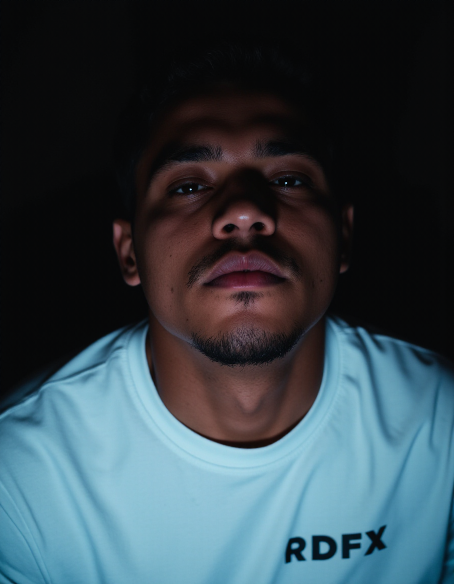 realistic instagram digital influencer, closed mouth, low light,white shirt with "RDFX" written on it