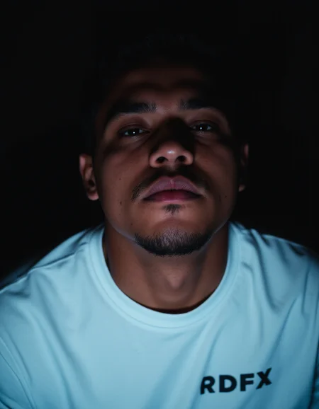 realistic instagram digital influencer, closed mouth, low light,white shirt with "RDFX" written on it