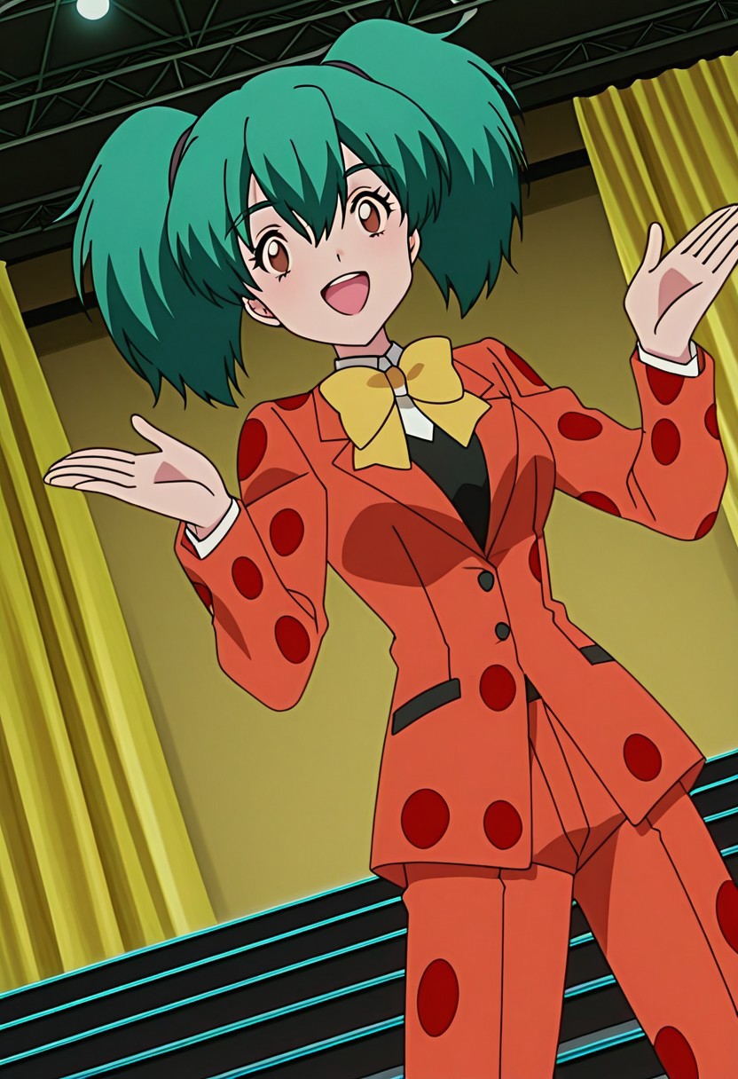 score_9, score_8, score_7, anime_screencap, anime_coloring, source_anime, high_res, rating_safe, uncensored,
score_9, score_8_up, score_7_up, score_6_up, score_5_up,
pkmnduplica, 1girl, green hair, aqua hair, twintails, bangs, hair between eyes, brown eyes, orange suit jacket, long sleeves, yellow bowtie, orange pants, red polka dot
stage, curtains, standing, audience, hands up, smile, open mouth, legs apart, cowboy shot, upper body, Dutch angle, dynamic pose
