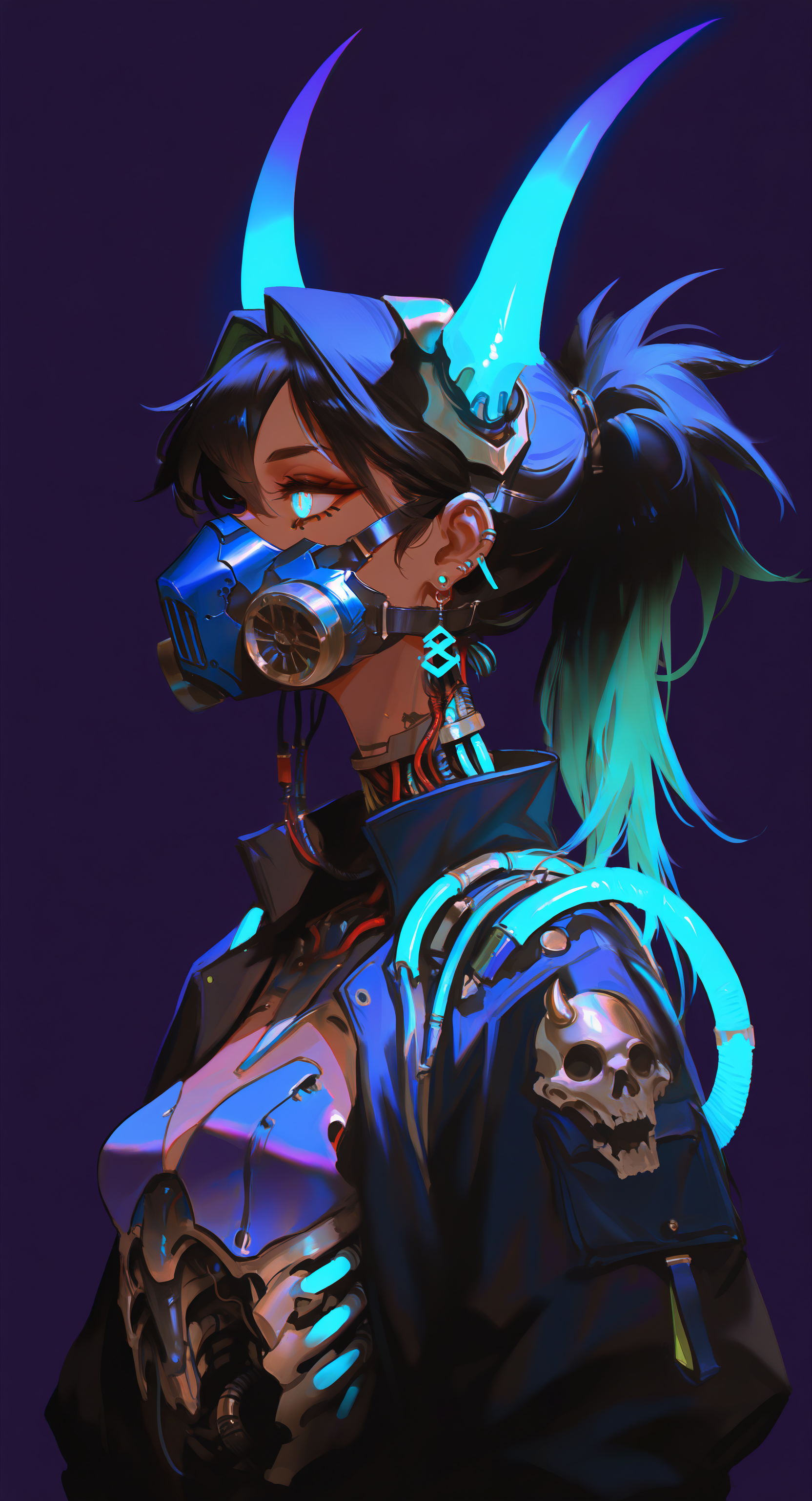 masterpiece, best quality, Good quality, very aesthetic, absurdres, newest,  1girl, solo, long_hair, breasts, simple_background, black_hair, jewelry, jacket, upper_body, ponytail, multicolored_hair, earrings, small_breasts, horns, green_hair, dark_skin, from_side, dark-skinned_female, profile, mask, blue_background, glowing, high_ponytail, glowing_eyes, science_fiction, purple_background, skull, fake_horns, cable, cyborg, gas_mask, mechanical_parts, cyberpunk, tube, respirator <lora:ponyv5_noobE11_1_adamW-000013:0.7> <lora:USNR_STYLE_XL_lokr:1>