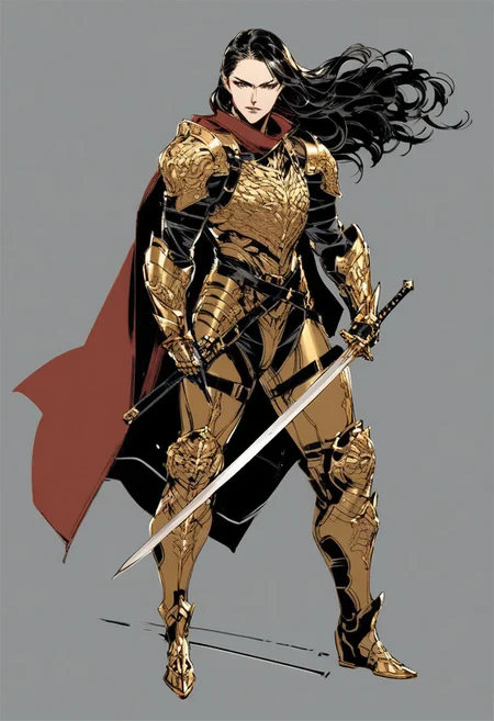 score_9, score_8_up, score_7_up, 1girl, solo, black hair, long hair, armor, full body, sword, standing, gold armor, dark background, armored boots, armored gloves, cape, intricate design, fantasy, warrior, stoic expression, high contrast, dramatic lighting, platform, battle-ready, detailed clothing, fantasy art, character design, strong pose,yoji_shinkawa