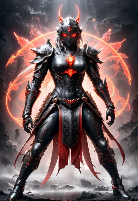 (ULIMATE Japanese style, INK WASH. Black and White), (japanese Writing in red), Heavy Armor, (Masterpiece, absurdres ,beautiful, mystic background fantasy, extremely highly detailed, focused flash photo, amazing quality, best quality, hyper detailed, ultra detailed, HDR, UHD, perfect anatomy, depth of field, dramatic light, detailed atmosphere, volumetric light, high resolution, 8k, highly detailed, photorealistic, dramatic lighting, high quality, exquisite details, delicate atmospheres, intricately details, highly detailed textures), (extremely detailed Face, extremely detailed Eyes, extremely detailed Outfit, extremely detailed body),