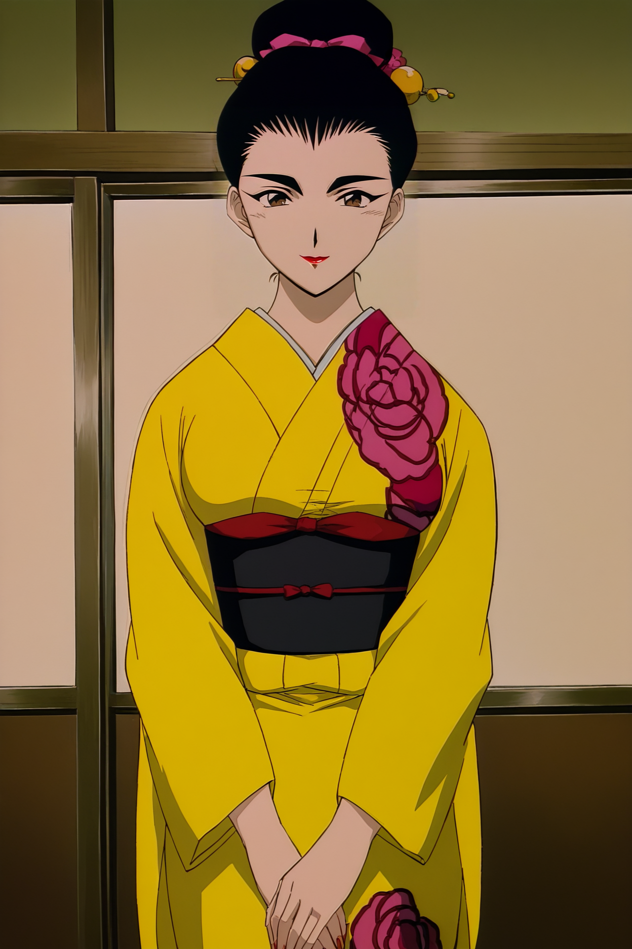 anime screencap,anime coloring,masterpiece,best quality,official style,amazing quality,beautiful detailed hair,beautiful detailed eyes,official anime artwork,retro artstyle,1990s \(style\),Reiko Terayama,1girl,solo,black hair,large breasts,brown eyes,<lora:Reiko Terayama-IL V1:1>,standing,looking at viewer,smile,red lips,lipstick,makeup,japanese clothes,1girl,kimono,sash,obi,yellow kimono,hair ornament,single hair bun,