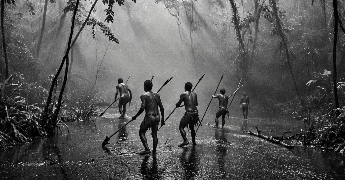 black and white photograph of few indigenous people hunting with spears and sticks in the amazonian rain forest, insane details, dramatic lights, high definition, 35mm camera, film photography style, heavy grain, ral-chrosc-bw, masterpiece, national geographic style, strong vignette, high contrast