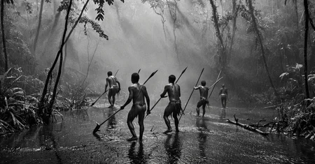 black and white photograph of few indigenous people hunting with spears and sticks in the amazonian rain forest, insane details, dramatic lights, high definition, 35mm camera, film photography style, heavy grain, ral-chrosc-bw, masterpiece, national geographic style, strong vignette, high contrast