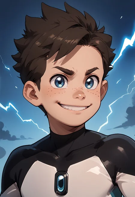 score_9, score_8_up, score_7_up, 1boy, solo, cute boy, Koji, Blue Eyes, Brown Hair, Freckles, Bodysuit, Smile, lightning, portrait, flying, dynamic pose,