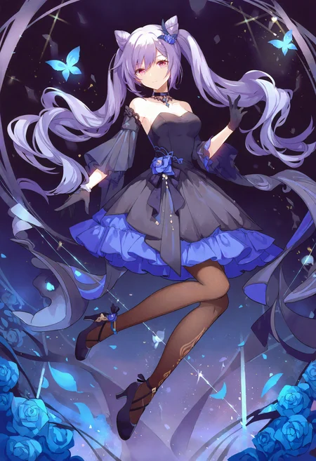 1girl, keqing \(genshin impact\), 
pantyhose, solo, purple hair, dress, gloves, strapless, strapless dress, choker, twintails, full body, long hair, black choker, hair bun, black dress, bare shoulders, butterfly, bug, black gloves, looking at viewer, rose, black pantyhose, flower, black footwear, breasts, cone hair bun, purple eyes, hand up, blue rose, blue flower, medium breasts, purple background, sparkle, brown pantyhose, high heels, shoes, long sleeve, very awa hime \(project sekai\), detached sleeves,
masterpiece, best quality, newest, absurdres, highres, safe
 <lora:Dhiea1_noob1.1-000177:1>