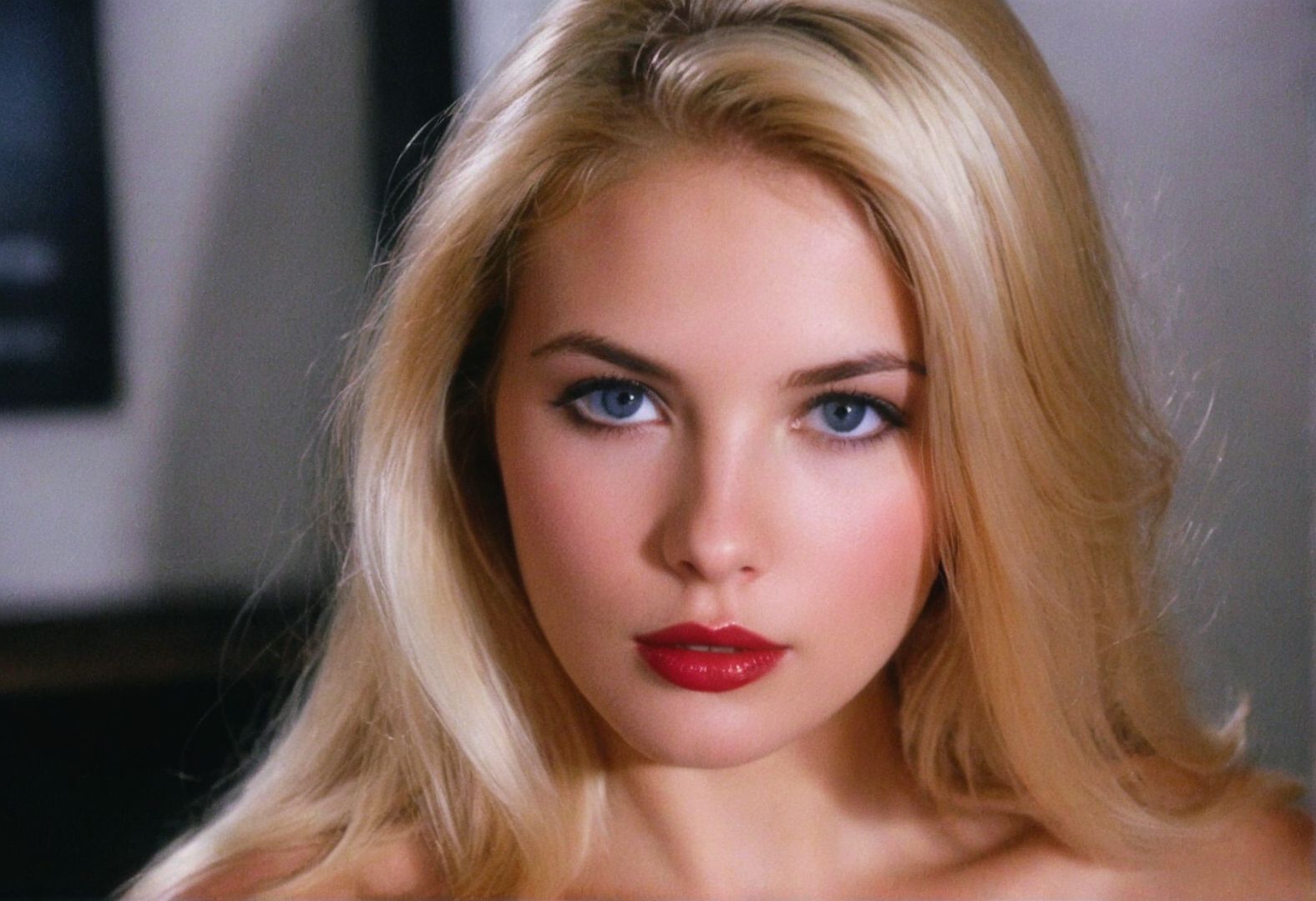 MiamiVice (Lana Lea) ((analog photo)) blonde ((slavic)) woman indoors, blue eyes, glossy dark lipstick, (((soft focus, depth of field, film grain, masterpiece, looking at viewer))) <lora:MiamiVicev2-XL:0.4> <lora:EuroBabe-v4-XL:0.6>