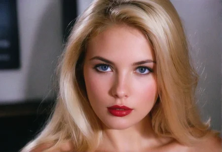 MiamiVice (Lana Lea) ((analog photo)) blonde ((slavic)) woman indoors, blue eyes, glossy dark lipstick, (((soft focus, depth of field, film grain, masterpiece, looking at viewer))) <lora:MiamiVicev2-XL:0.4> <lora:EuroBabe-v4-XL:0.6>