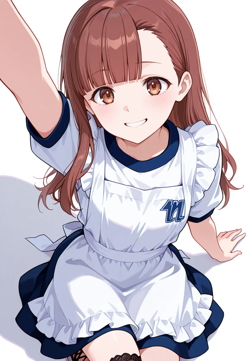 masterpiece,high quality details, absurdres,
<lora:Nagisa_Satou:0.8>
nagisa_cnr, 1girl, brown hair, long hair, blunt bangs, asymmetrical bangs, brown eyes,, simple background, white background, from above,solo,, happy,forced smile,, half-kneeling position,one leg crossed over other,one arm raised,, maid apron,gym shirt,godet skirt, ,lace-up legwear,