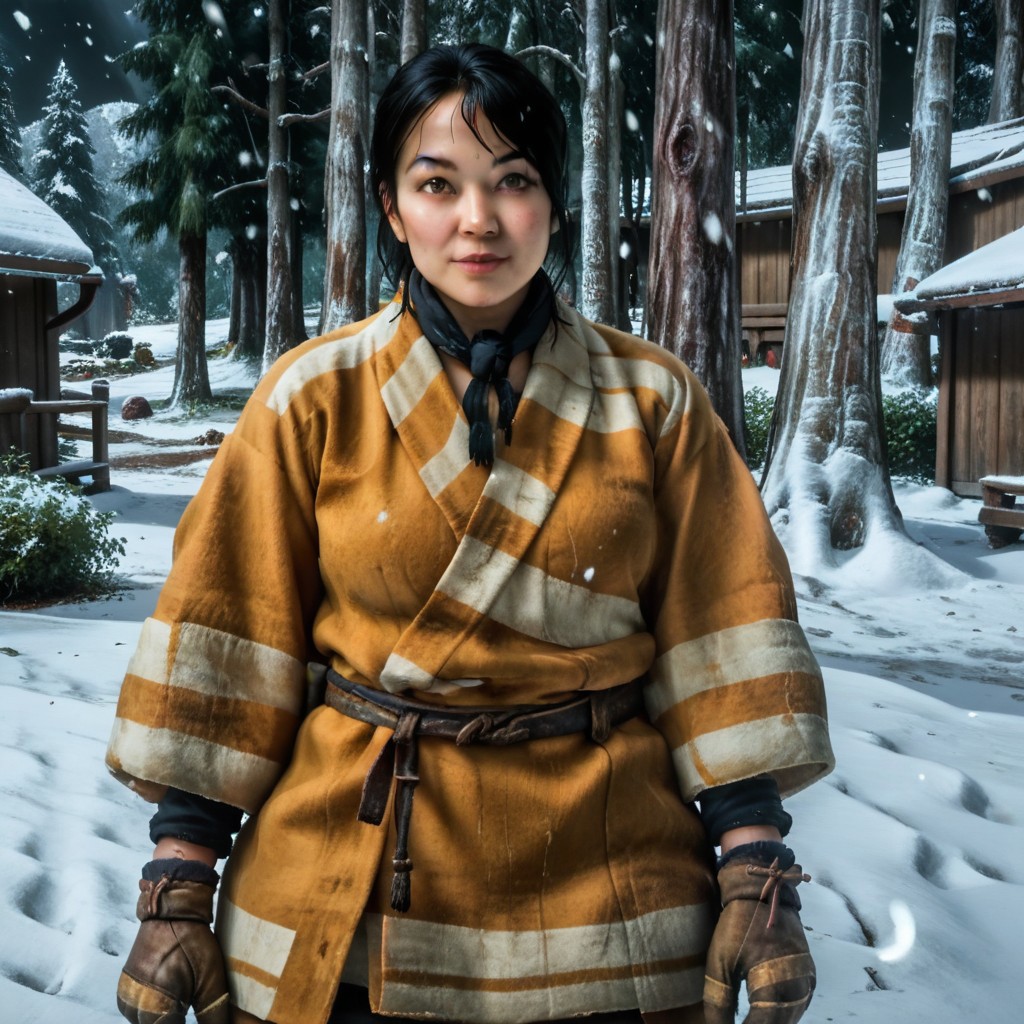 realistic, best quality, score 9, matsu_got, 1girl, black hair, winter robe, belt, gloves, pants, leaning, tree, snowing, looking at viewer,