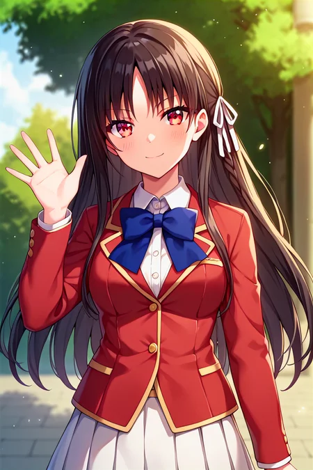 score_9, score_8_up, score_7_up, score_6_up, score_5_up, score_4_up, rating_questionable, , source_anime, digital illustration, pixiv, fanbox, uncensored, , BREAK, official art,
1girl, solo, female, horikita suzune, black hair, long hair, red eyes, hair ribbon,
school unifrom, red jacket, blue bow, white skirt, pleated skirt, waving, hand up, saying hi, outdoors, , blush, looking at viewer, cowboy shot, colorful, vivid,<lora:Horikira_pony:0.8>