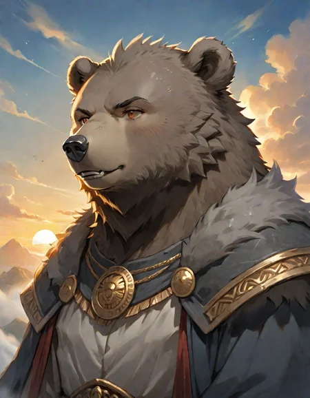 highly detailed, masterpiece, best quality, official art, anime style, (bear man), furry body, Concrete Gray fur, slight smile, dressed in greco roman clothing, character portrait, upper body, very few clouds, and heavy mist,, sunset , sunlight with godrays, <lora:Anime_Furry_Style_SDXL:0.8>