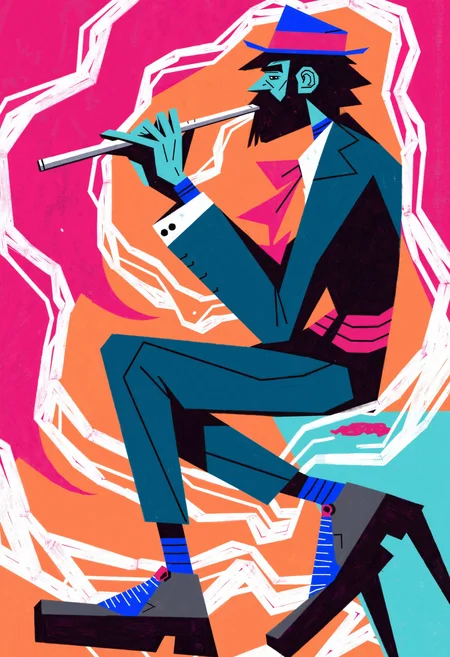 act1vate!, A stylized portrait of a jazz flutist mid-performance, surrounded by swirling patterns of wind and music notes in pastel tones.