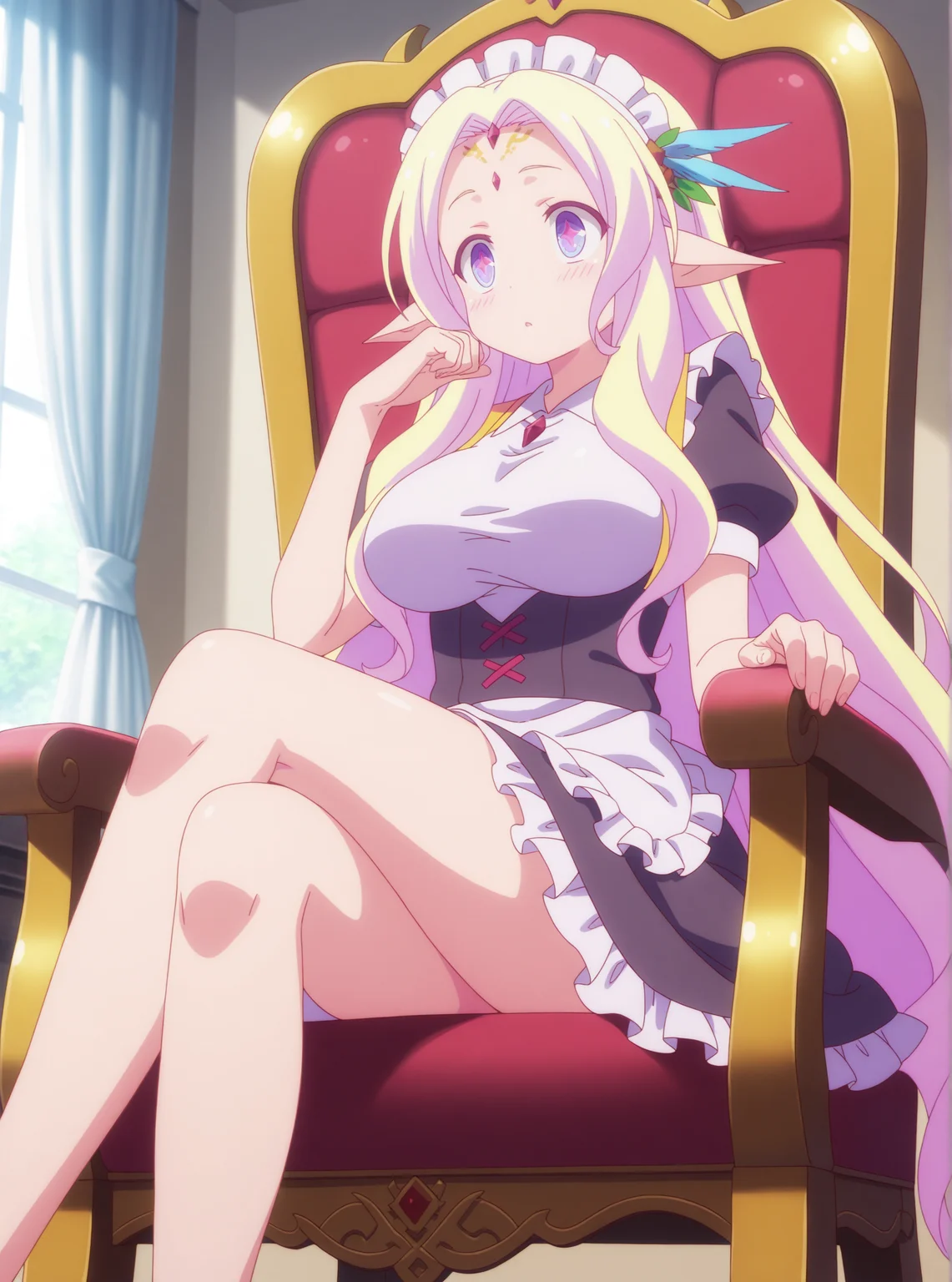 best quality,amazing quality,<lora:Fiel Nirvalen:1>,fiel nirvalen,maid,crossed legs,