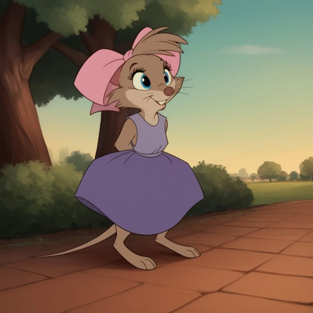 score_9, score_8_up, score_7_up, score_6_up, score_5_up, score_4_up, source_furry, TeresaBrisv2, semi-anthro, female, mouse, brown fur, whiskers, blue eyes, pink hair bow, purple dress, sleeveless, park, barefoot,  solo, 1girl,  smile, standing, hands behind back, shy,
