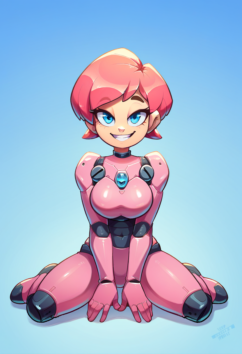 score_9, score_8_up, score_7_up, score_6_up, score_5_up, score_4_up, (sci-fi), young beautiful woman wearing pink mecha armor sitting on knees, happy face, top view, beautiful short hair, perfect body, looking at viewer, blue eyes, many details, zPDXL <lora:XL_Mecha_Knights_-_By_HailoKnight_V2:0.8> <lora:xl_more_art-full_v1:0.8> <lora:latex2_pony:0.8> latex, nfltx <lora:detailed_hands:0.8> hand