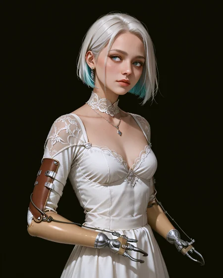 score_9, score_8_up, score_7_up, score_6_up, score_5_up, score_4_up, source_anime, very aesthetic, best quality, masterpiece, absurdres, (rating_safe)
break
1girl, solo, Bride Dress, colored inner hair, bob cut, white hair, Beautiful, melancholy
medium breasts
Girlish gestures, looking to the side
flower Garden, dark background
<lora:prosthetic_arm_x:1> prosthetic_arm_x, mechanical arm, prosthetic, face
Fantastic Aesthetic, Fancy, girly style
three-quarter portrait
break
from front