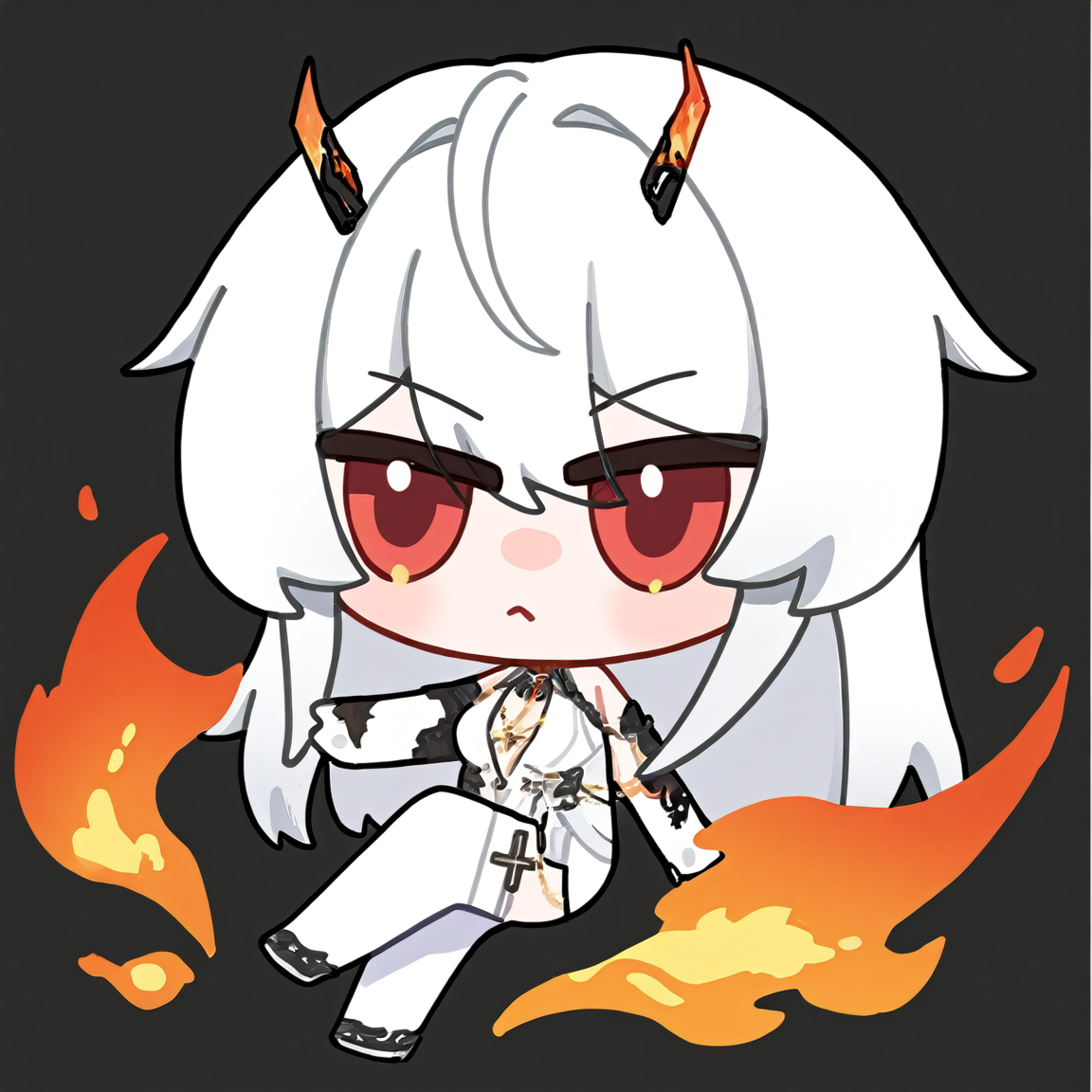 chibi, snowbreakmeme, snowbreak_chibi,1girl, long hair, solo, black background, red eyes, white hair, breasts, horns, thighhighs, fire, jewelry, dress, cross, bare shoulders, gloves, full body, white thighhighs, hair between eyes , white dress, medium breasts , \n<lora:snowbreakmeme_noobai_v1.0-000030:1>,