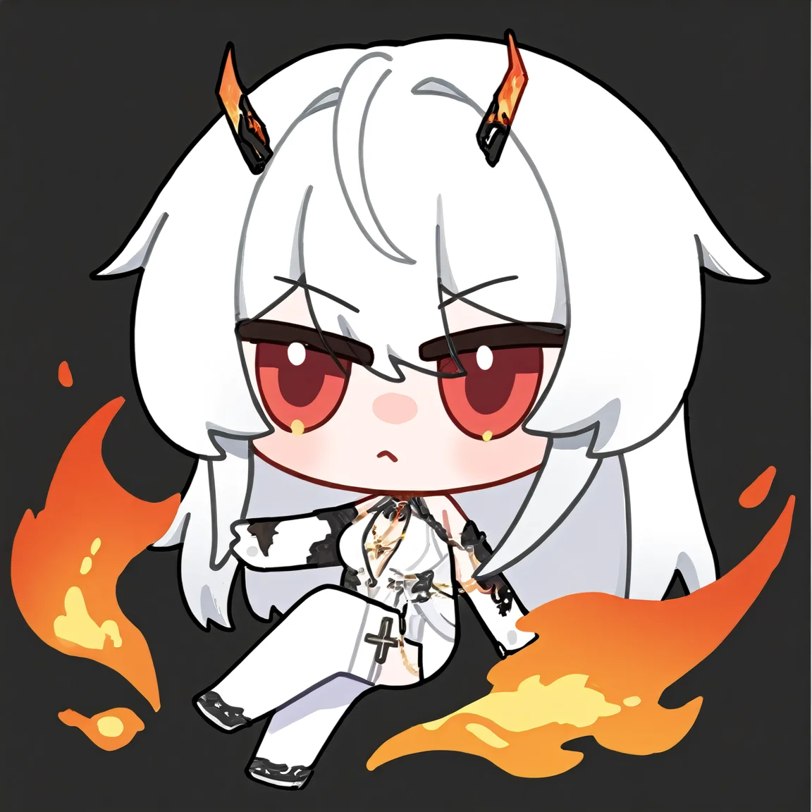chibi, snowbreakmeme, snowbreak_chibi,1girl, long hair, solo, black background, red eyes, white hair, breasts, horns, thighhighs, fire, jewelry, dress, cross, bare shoulders, gloves, full body, white thighhighs, hair between eyes , white dress, medium breasts , \n<lora:snowbreakmeme_noobai_v1.0-000030:1>,