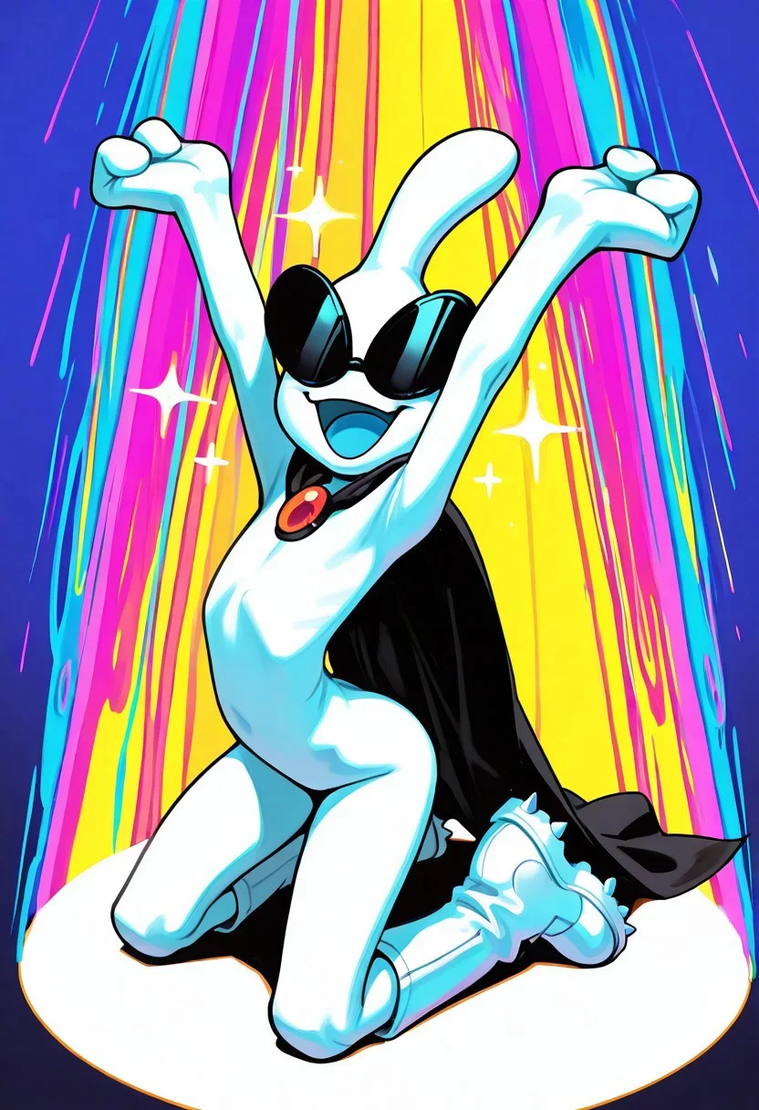masterpiece, ultra detailed, amazing quality, absurdres, very aesthetic, solo, male focus, 1boy, 
orbulon_WW, white skin, alien, 3 fingers, fewer digits, sunglasses, covered eyes, knee boots, white footwear, spiked footwear, kneeling, brooch, cape, torn cape, :D, smile, open mouth, blue tongue, sparkle, arms up, outstretched arms, head back, slim, small butt, wind, fluttering cape, full body, clenched hands, arched back, 
BREAK 
detailed shading, shadow, spotlight, psychedelic background, multi-colored, WaiIL25PosC, g0th1c, glowing, from above