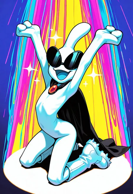 masterpiece, ultra detailed, amazing quality, absurdres, very aesthetic, solo, male focus, 1boy,
orbulon_WW, white skin, alien, 3 fingers, fewer digits, sunglasses, covered eyes, knee boots, white footwear, spiked footwear, kneeling, brooch, cape, torn cape, :D, smile, open mouth, blue tongue, sparkle, arms up, outstretched arms, head back, slim, small butt, wind, fluttering cape, full body, clenched hands, arched back,
BREAK
detailed shading, shadow, spotlight, psychedelic background, multi-colored, WaiIL25PosC, g0th1c, glowing, from above