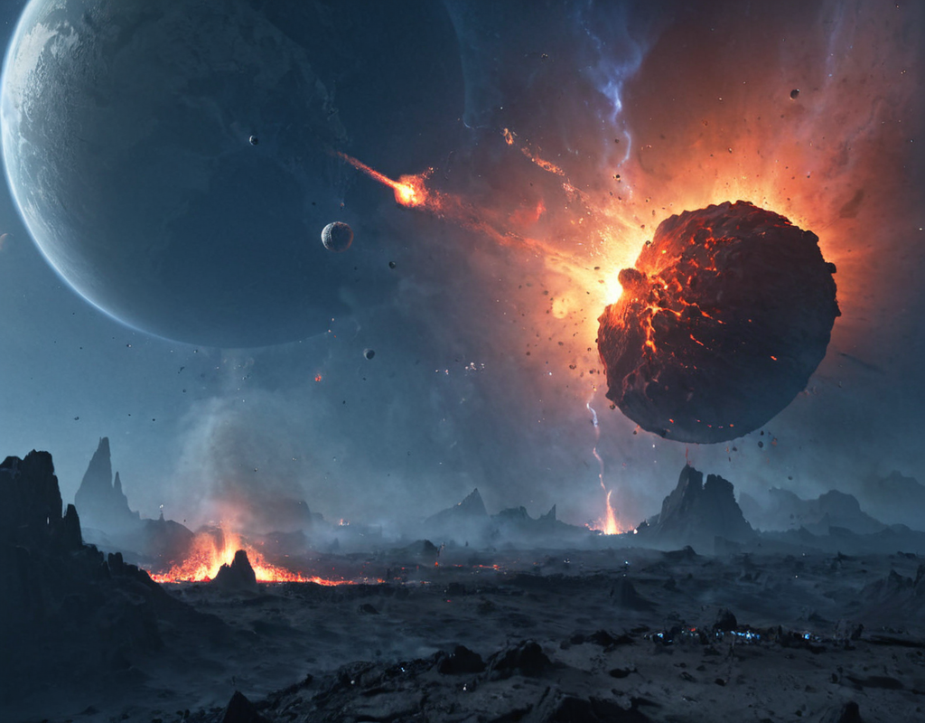 <lora:Space_Worlds_01__Poetic_xl:1> sw01p_xl, in space, melting lava planet near explosion, lava asteroids exploding, space nebula, planet decaying, chaos, destruction, end of world,