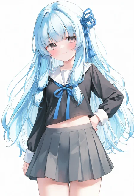 1girl, kotonoha aoi, 
solo, pleated skirt, white sailor collar, one side up, serafuku, neckerchief, arm at side, alternate hairstyle, hair intakes, very awa hime, shirt, closed mouth, sailor collar, grey skirt, long hair, standing, blue ribbon, looking to the side, black neckerchief, ribbon, bonyari high school uniform, hand on own hip, midriff peek, black shirt, cowboy shot, blue hair, light blue hair, simple background, long sleeves, sleeve cuffs, white background, skirt, school uniform, blunt bangs, smile, cosplay, grey eyes,
masterpiece, best quality, newest, absurdres, highres
 <lora:cao5_noob1.1-000192:0.9>