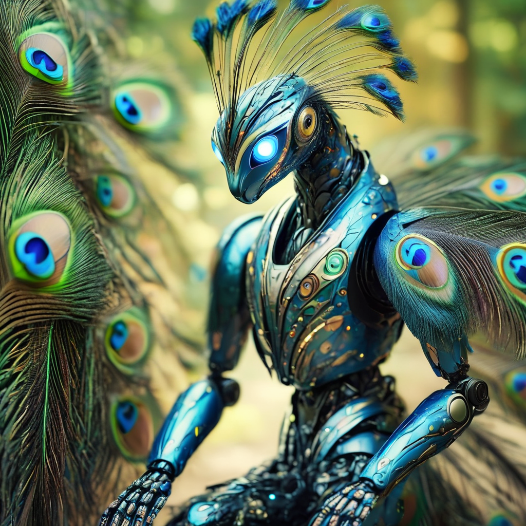 pavolaris robot with peacock feathers, professional  photo, expressive, detailed, sharpened, cinematic<lora:pavolaris:1>