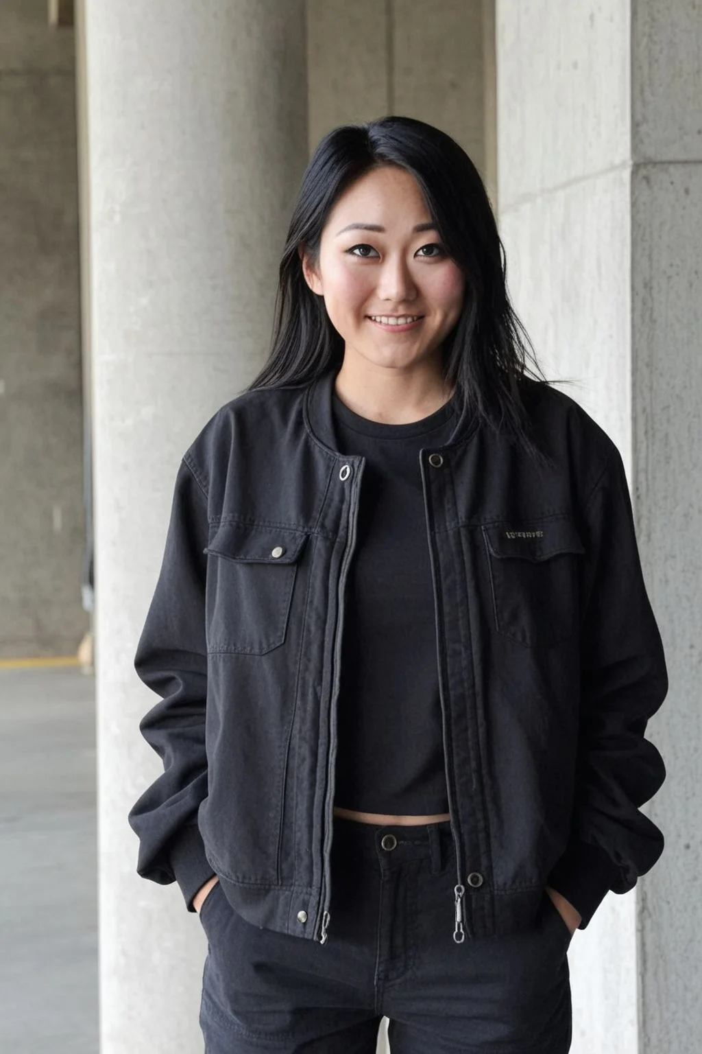 kimimko, 1girl, sparkling eyes, photo(medium), in concrete room, rough concrete background, black soft tech jacket, black zipper pants, military boots, cross-laced boots, looking at viewer, smile, casual pose, sitting on large concrete block, cinematic lighting, photorealistic, ultra-sharp, detailed, professional photographer, professional hairstyle, blurry background, bokeh
