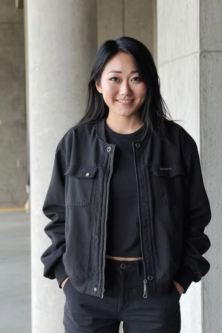kimimko, 1girl, sparkling eyes, photo(medium), in concrete room, rough concrete background, black soft tech jacket, black zipper pants, military boots, cross-laced boots, looking at viewer, smile, casual pose, sitting on large concrete block,  cinematic lighting, photorealistic, ultra-sharp, detailed, professional photographer, professional hairstyle, blurry background, bokeh