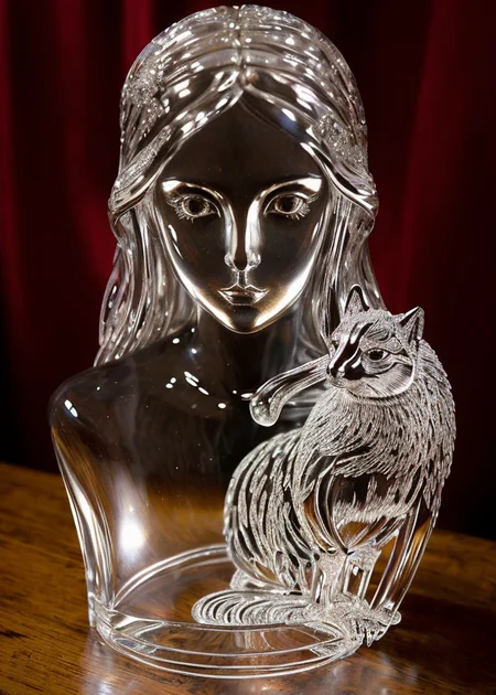 A beautiful and intricate portrait of glasssculpture, woman with a fantastical creature or animal companion, rendered in a detailed art style that mixes elements of realism and fantasy, done by artists such as Phil Koch and Joseph Christian Leyendecker.