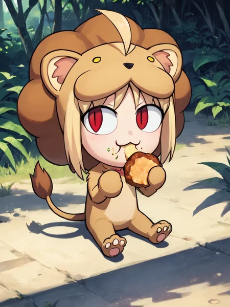 score_9, score_8_up, source_anime, masterpiece,
necoarc, red eyes, slit pupils, cat ear, :3, lion costume, chibi, blonde hair, kawaii, eating, sitting, happy,
road, jungle, <lora:saber lion test0.1:0.6> <lora:necoarc-guy-PONYv1_1:0.9>