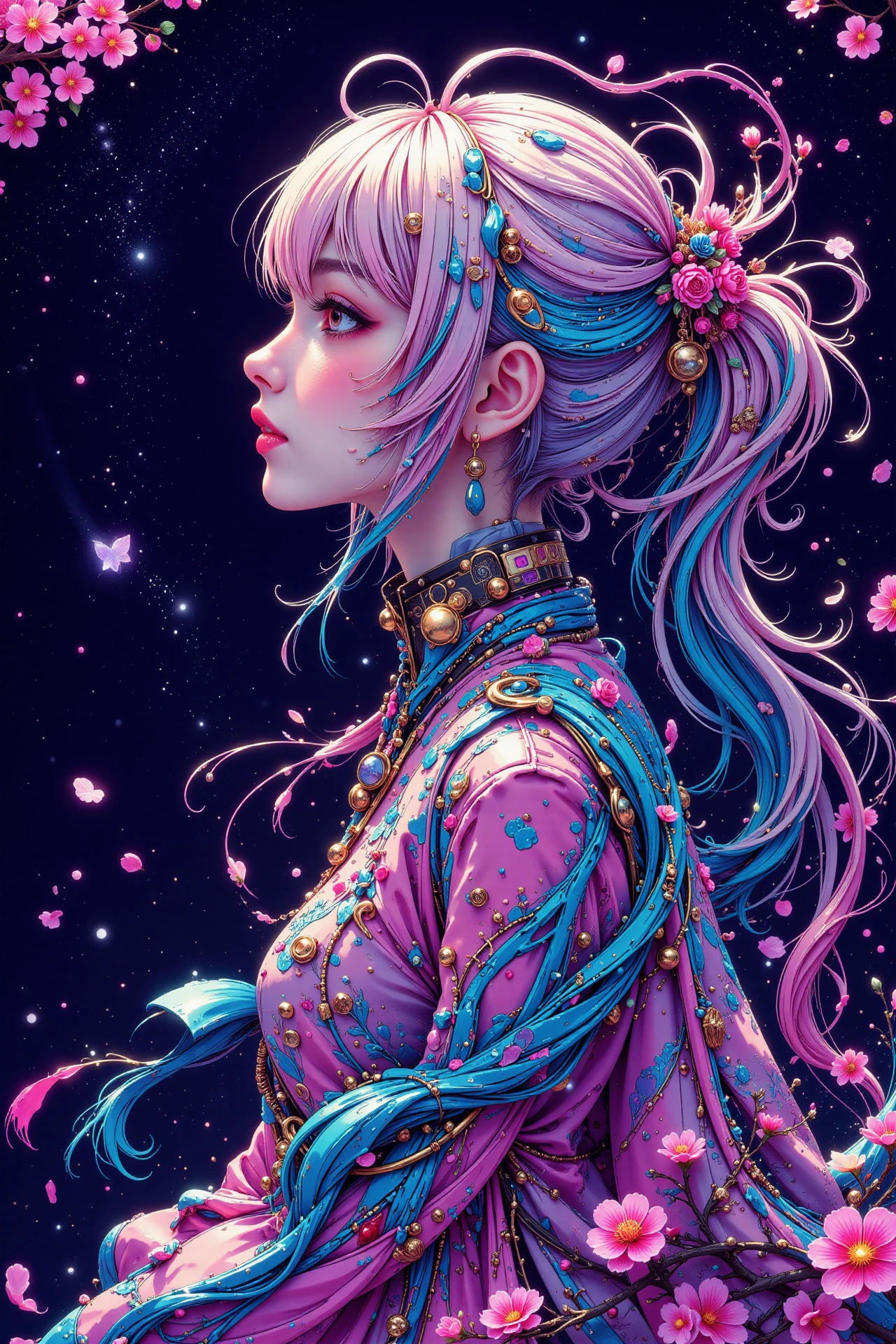 cherry blossoms, bright luminous night, woman, very intricate, very detailed, sharp, bright, colorful, <lora:Hand v2:0.5> <lora:Anti-Blur:1><lora:Insane Detail Slider:0.25>  <lora:flux.1_lora_flyway_Epic-detail_v2:0.3> <lora:fluxenhancer:0.25><lora:ck-Neon-Retrowave:0.4> ck-rw, in the style of ck-rw,  <lora:Neurocore Anime Cyberpunk:0.8> A digital artwork in the style of cknc