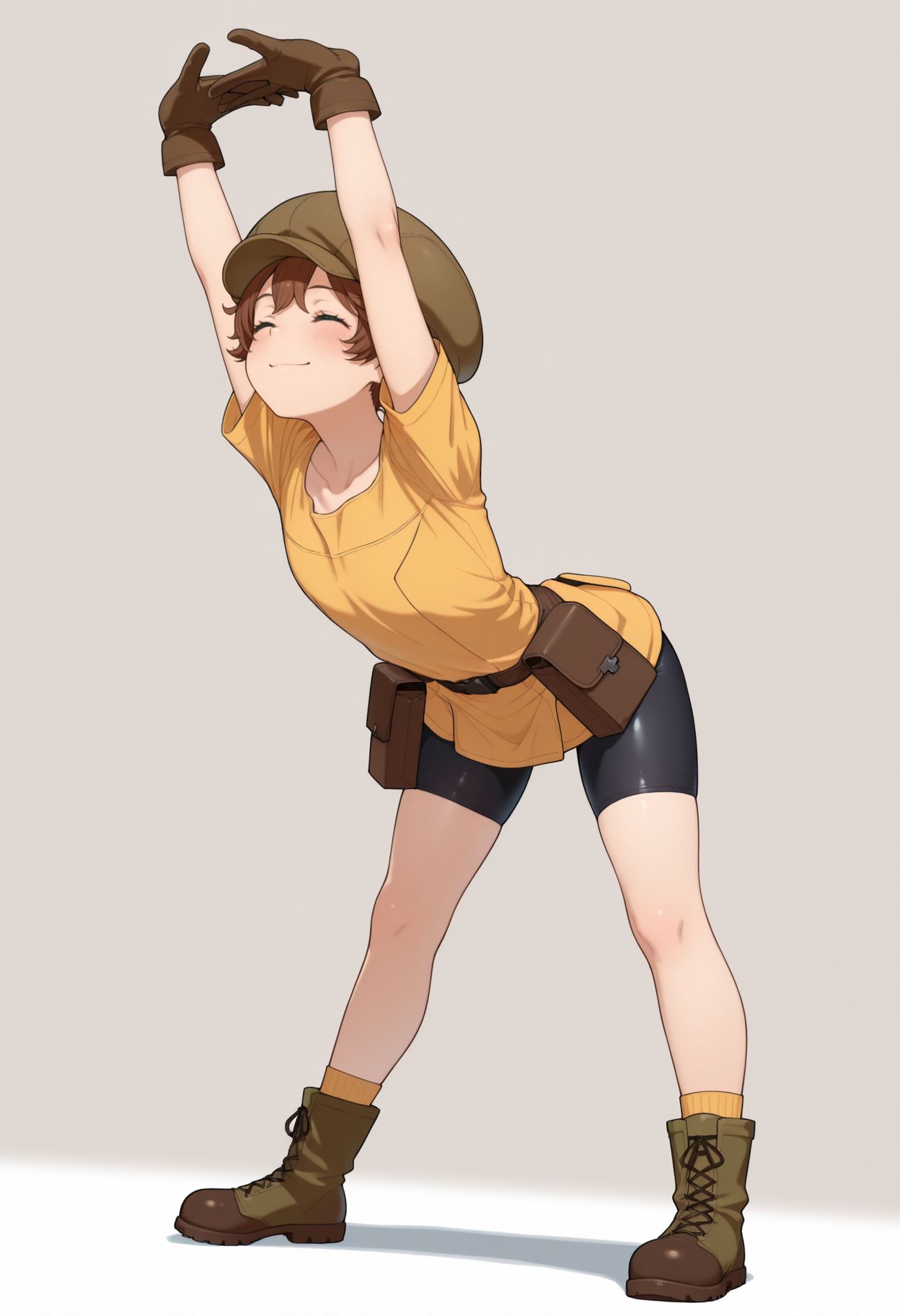 masterpiece,amazing quality,best quality,ultra-detailed, <lora:Yakumaru Itsuki illu:1> 1girl, short hair, brown hair, green eyes, cabbie hat, short sleeves, brown gloves, yellow shirt, bike shorts, pouch
 <lora:Cammy_Stretch__Pose_Trend_Concept__IllustriousXL_and_NoobAI:1> cammystretch, solo, closed eyes, stretching, standing, leaning forward, arms up, interlocked fingers, closed mouth, smile, blush, full body,
