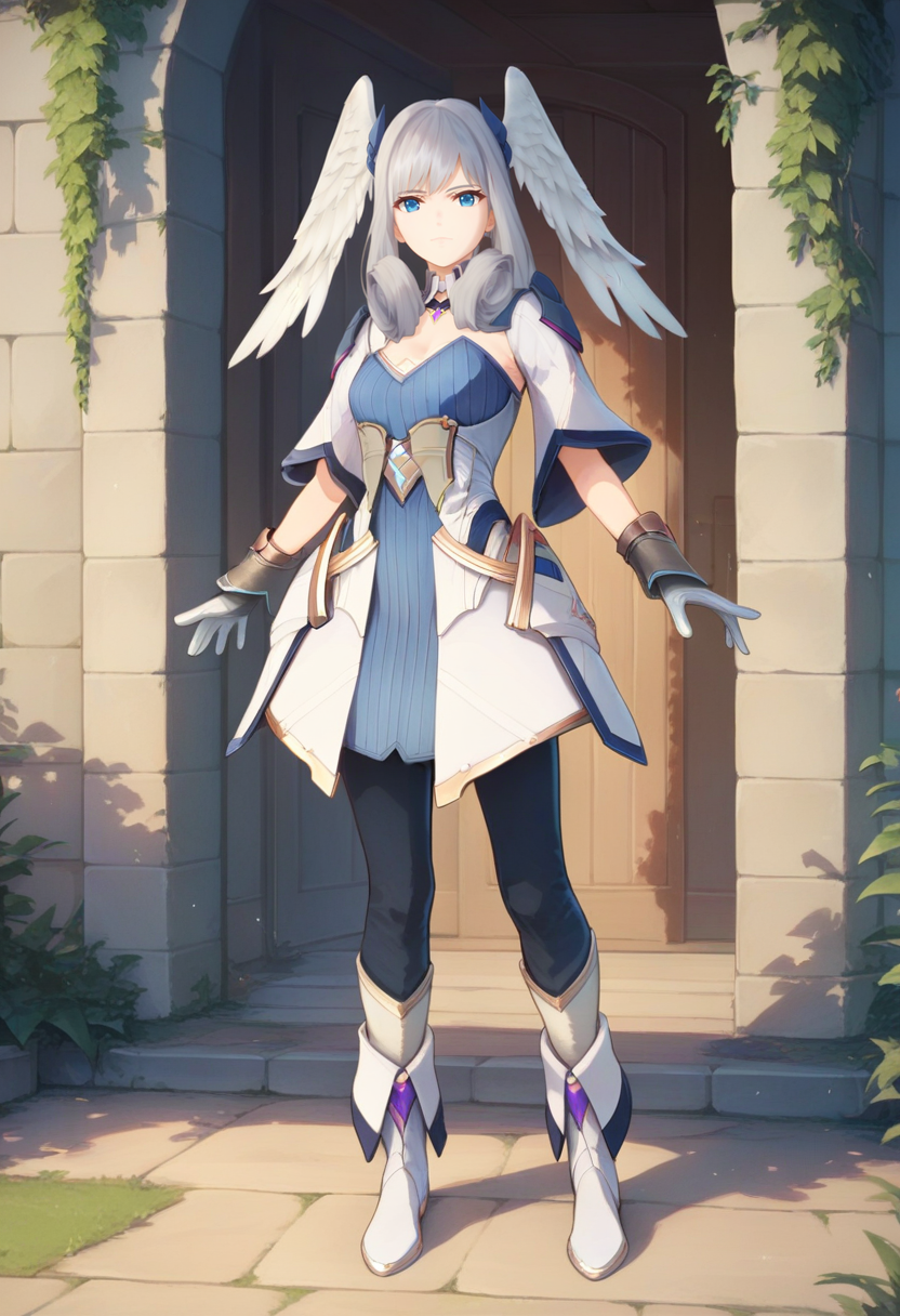 score_9, score_8_up, score_7_up, 1girl, solo, full body, standing, hero, tabbard, blue dress, leggings, white gloves, layered footwear, wreath crown, melia antiqua, head wings, blue eyes, outdoors<lora:xb3 melia xl 005 fro 995:1>